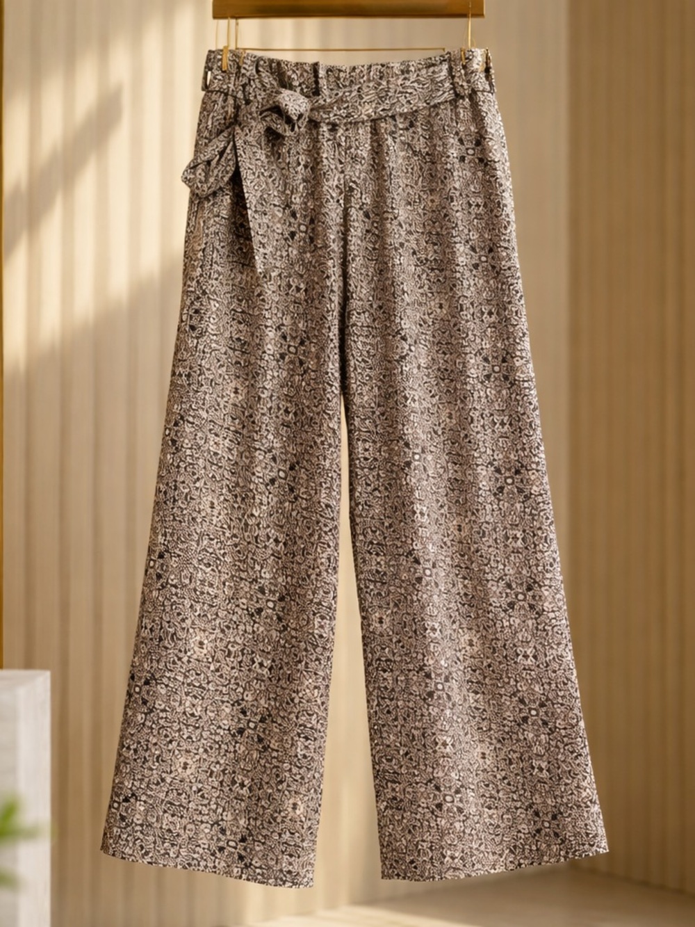 Angie Taupe and Black Printed Wide-Leg Tie-Waist Pants
